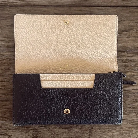 [Kate Spade] Snap-Button Medium Sized 2-Tone Beige/Black Leather Designer Wallet - Picture 4 of 12